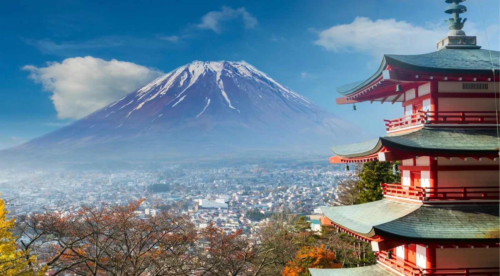 Chureito Pagoda in late autumn with Fujiyoshida town spread out below Mount Fuji